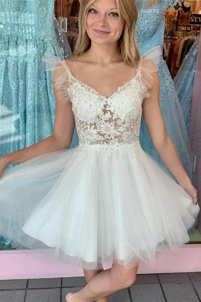Vestido corto de fiesta de bienvenida con apliques de princesa de corte A